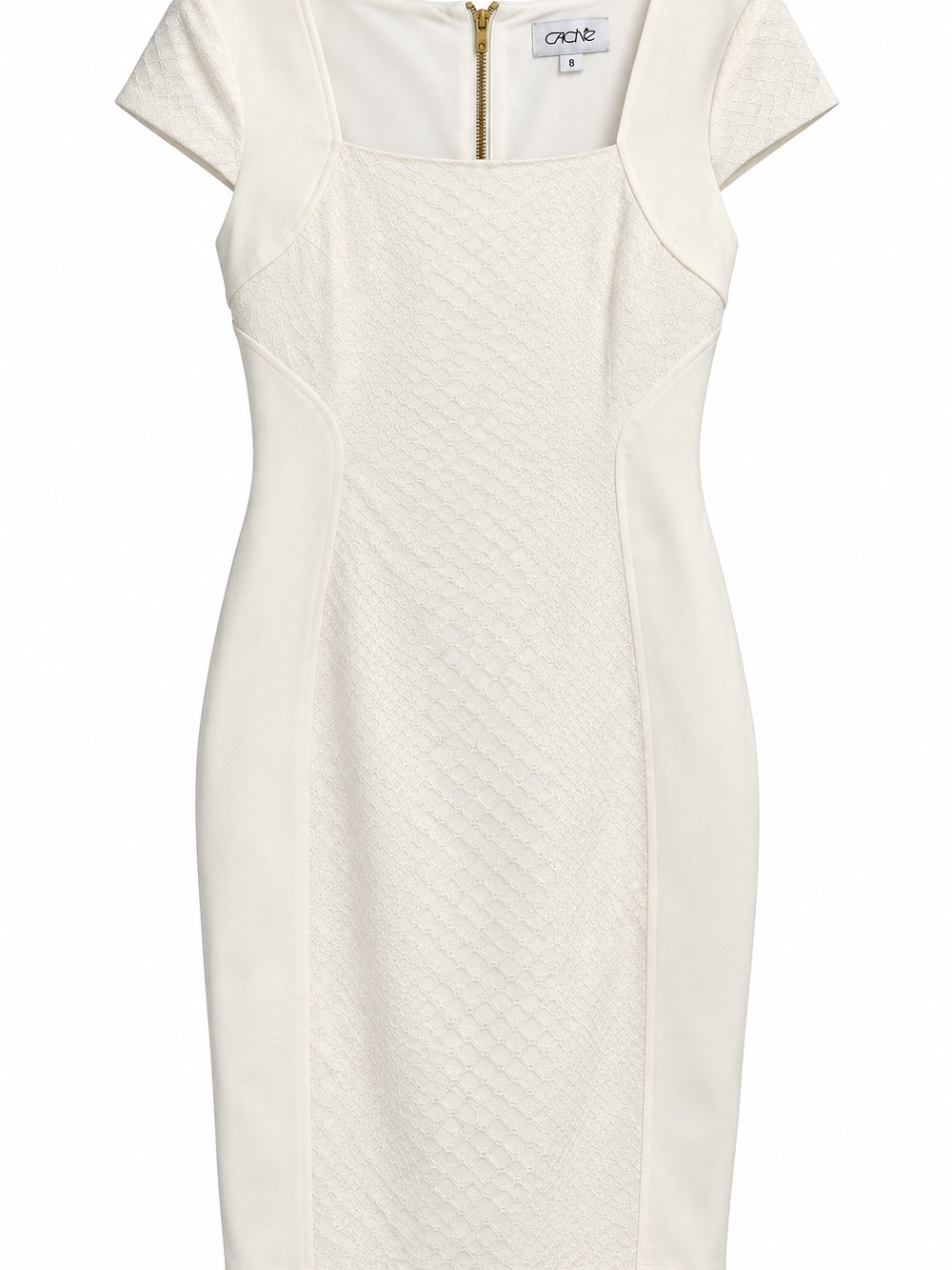Caché Ivory Textured Bodycon Sheath Dress Gold Zip Size 8
